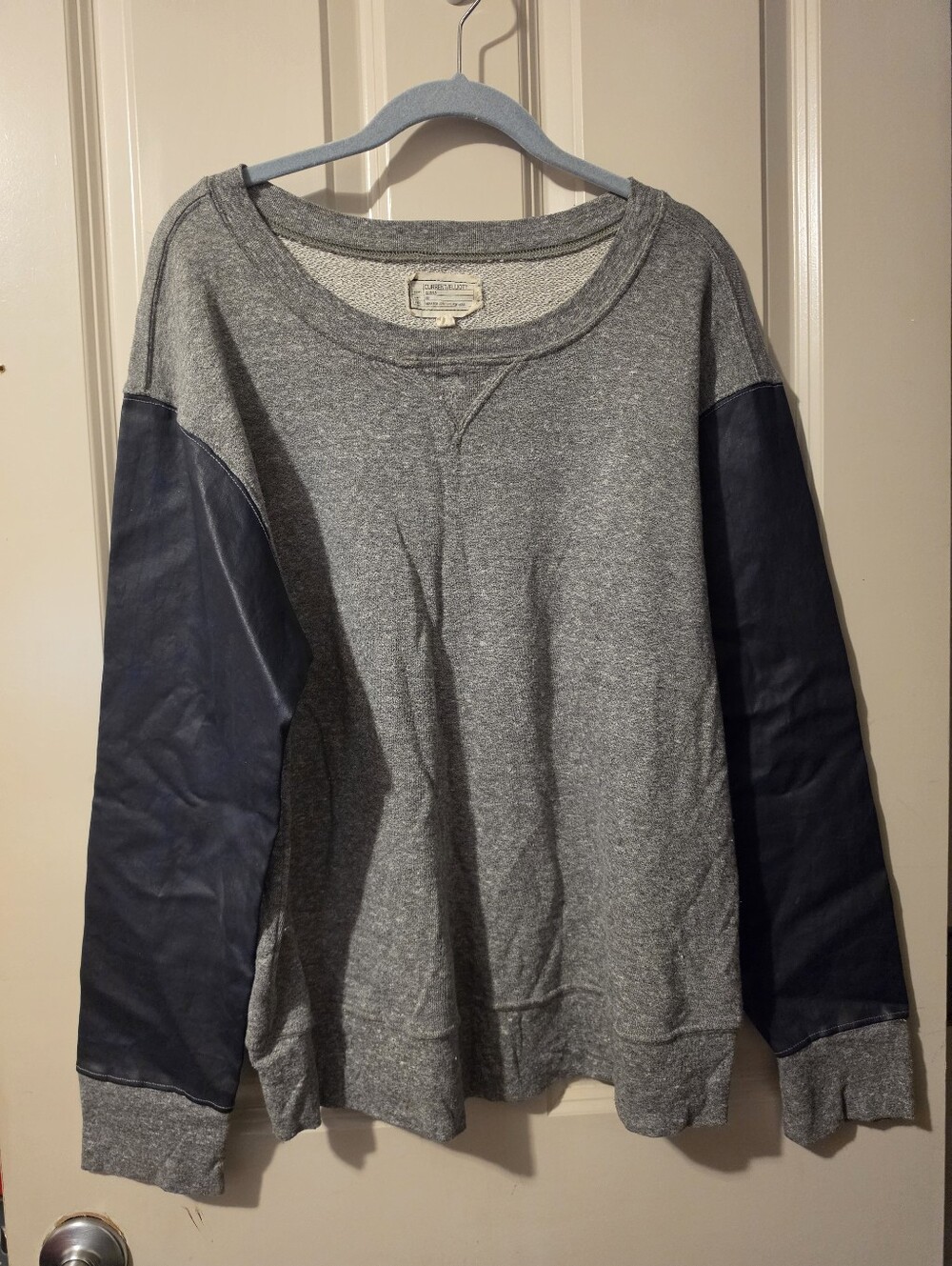 Current/Elliott Gray Crewneck Sweater with Navy Sleeve Panels